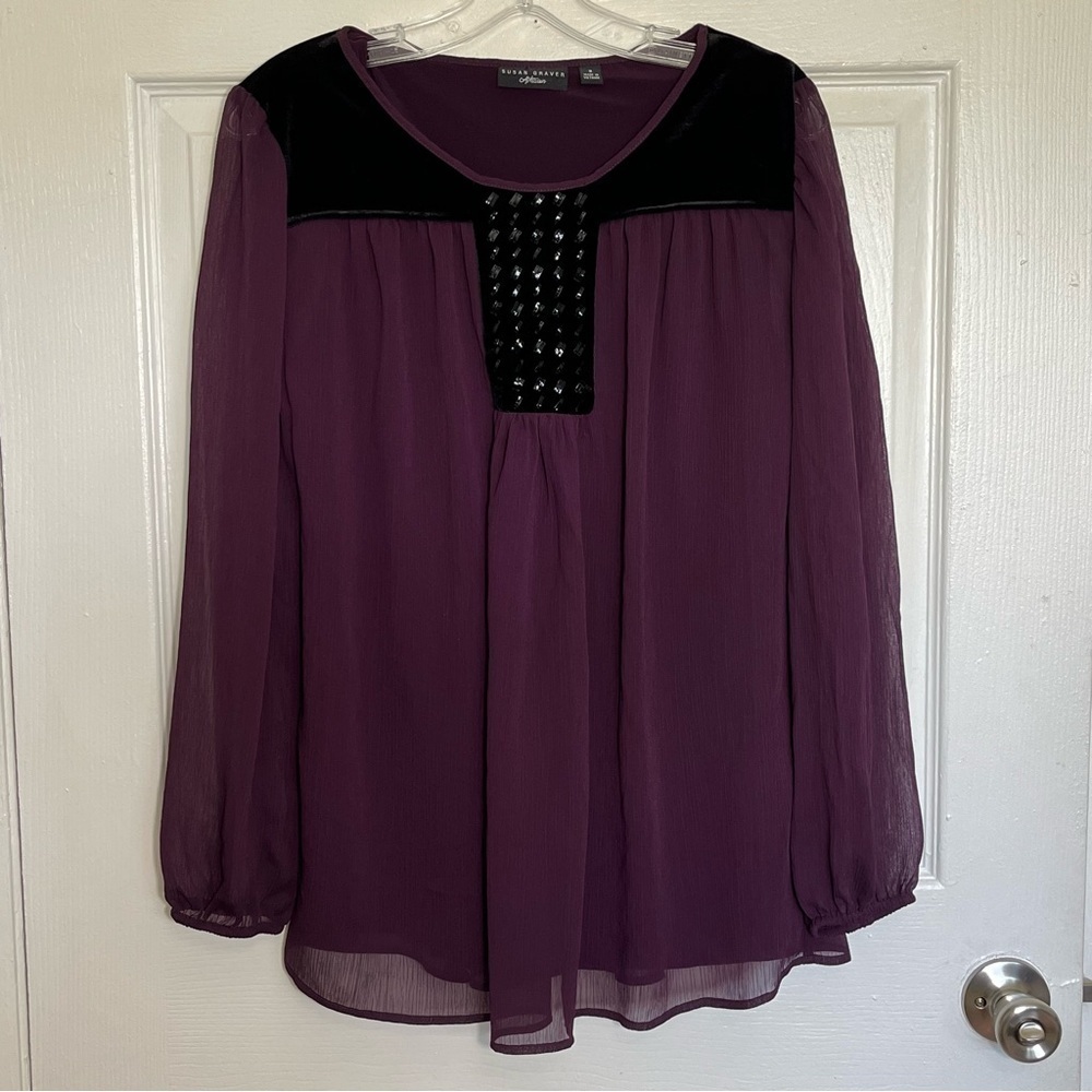 SUSAN GRAVER ARTISAN Embellished Velvet Detail Purple Peekaboo Sleeve | Size 8